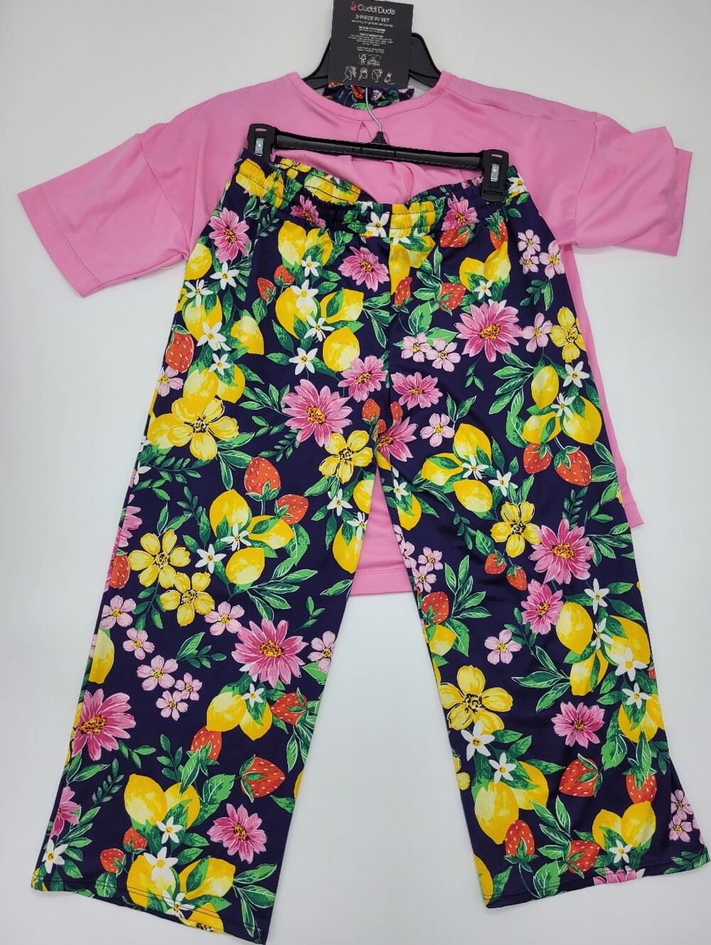 Cuddl Duds Pajama Set Capri Pockets Pink Yellow Lemon Floral 2pc Headband NEW - Picture 8 of 8